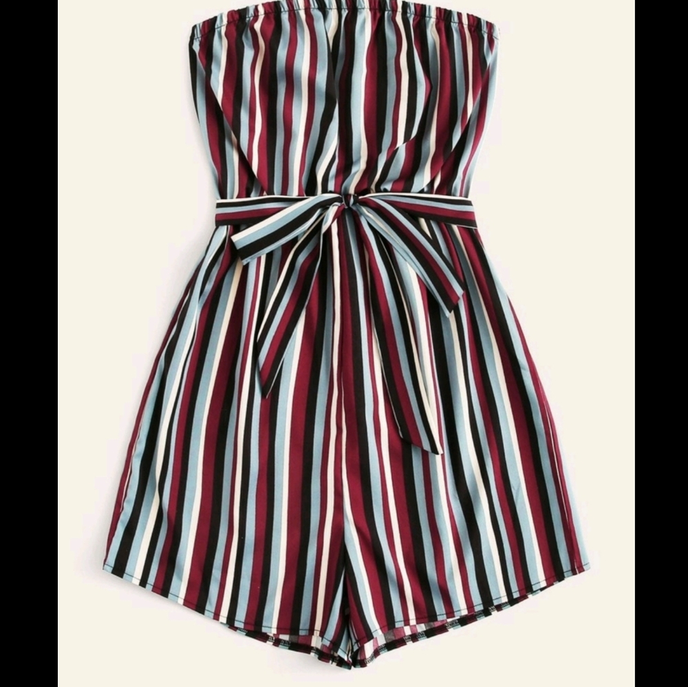 Stripped Shorts Romper W/Belt